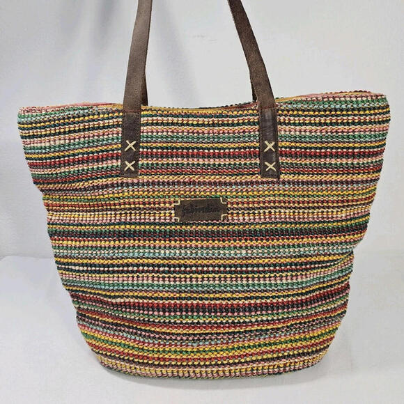 Handbags - Fabindia Multi Colored Jute And Leather Tote Shoulder Bag Purse
